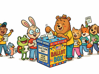 Fototapeta premium Happy diverse group of cartoon animals and a child participating in a democratic election.