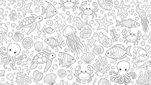 Detailed black and white seamless pattern featuring various sea animals like fish, turtles, octopuses, and seashells for coloring.