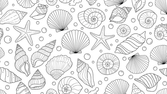 Intricate black and white vector pattern of various sea shells, starfish, and air bubbles creating a beautiful nautical background.