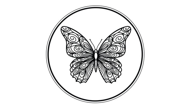 Ornate black and white patterned butterfly with swirling wing designs enclosed within a circular frame for art or coloring projects.