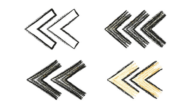 Four different styles of hand drawn chalk or crayon arrow chevrons pointing to the left in black, white, and golden yellow colors.