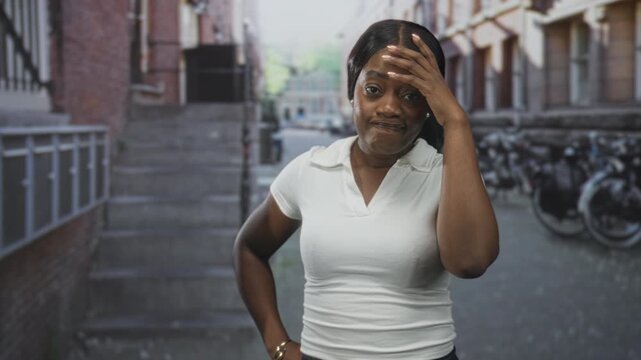 Woman holding forehead with hand, wearing a white polo shirt, grimacing with closed eyes and slumped posture on a city street lined with bicycles and brick buildings; frustration.