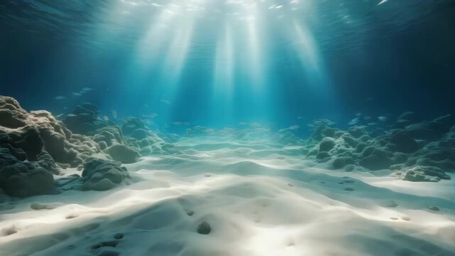 Sunlight filters through the ocean surface onto a vibrant coral reef teeming with life.