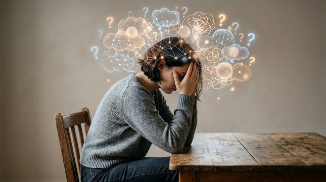 Overwhelmed individual with complex thought patterns and emotional distress, digital art.