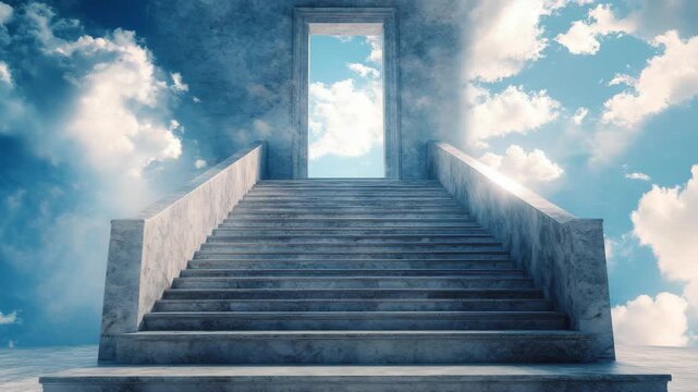 Stone stairs lead upward toward an open doorway. Sky and clouds frame the scene with soft light. The path invites exploration or escape. Ancient stone suggests timelessness and mystery