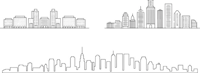 Fototapeta premium City skyline collection with 3 urban panoramas in minimalist black line art style vector