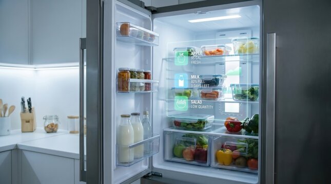 Modern open refrigerator with smart holographic display showing food inventory, calorie data, and nutritional tracking in a bright kitchen.