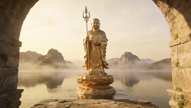 Large golden Tathagata (God of the Water) statue frontal shot