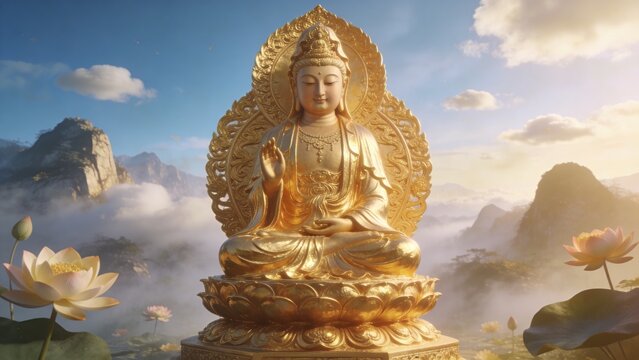 Large golden Chinese Guanyin Buddhist statue frontal shot of a statue in dreamy landscape