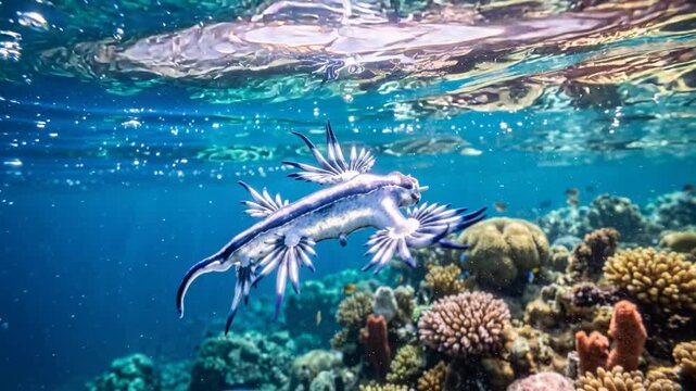 Blue dragon sea slug swimming over coral reef