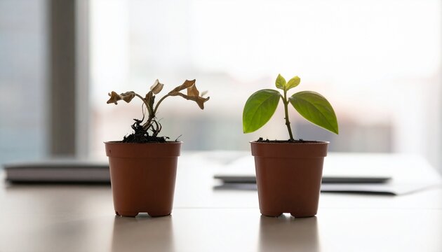 枯れた芽と成長している芽が入った鉢植えがビジネスデスクの上にある写真