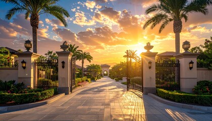 Obraz premium A tropical summer sunset glows over a street in the city of Jerusalem where palm trees and architecture line the road beneath a vibrant nature landscape sky