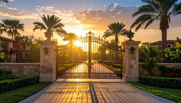 A tropical summer sunset glows over a street in the city of Jerusalem where palm trees and architecture line the road beneath a vibrant nature landscape sky