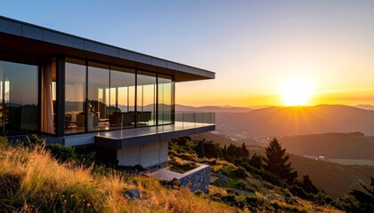 Obraz premium A serene landscape of a summer sunset over the lake features a modern house with a unique roof nestled among trees and grass under a vibrant sky with clouds reflecting on the water