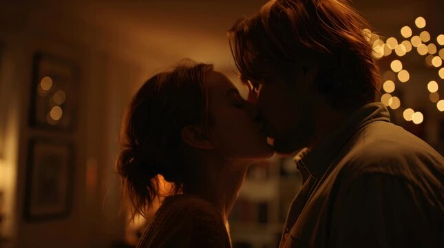 Young couple kiss closeup cozy indoor warm lighting romantic intimacy tender moment smiling warm indoor light intimate romance with soft bokeh cozy home atmosphere romantic couple share intimate