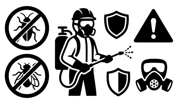 Disinfection and pest control icon with spray worker and insect warning symbols vector isolated on white