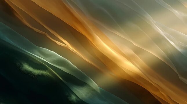 Golden light flowing fabric abstract texture soft wave warm tone layered ribbon glowing fabric flow with emerald light wave, layered texture and luminous warm glow creating serene atmospheric depth
