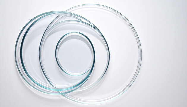 Intertwined clear glass petri dishes creating a fluid circular abstract pattern