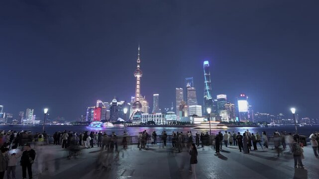 Shanghai Bund Night Time-lapse Pudong Skyline Light Show Crowd