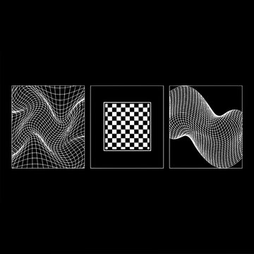 Wavy wireframe grid abstract illustration set with three panels, checker motif, and smooth contour lines for futuristic design