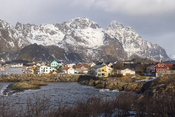 Stunning Views of Henningsvaer Village Amid Norway's Mountains, Lofoten © peresanz
