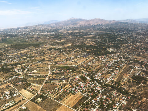 Aerial view of rural landscape and mountains near Spata area, Attica, Greece.