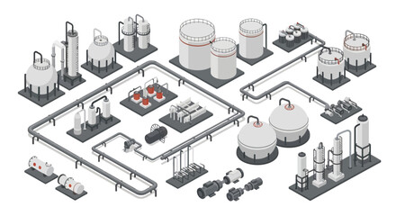 Naklejka premium Isometric Illustration of Industrial Chemical Plant Equipment and Pipelines.