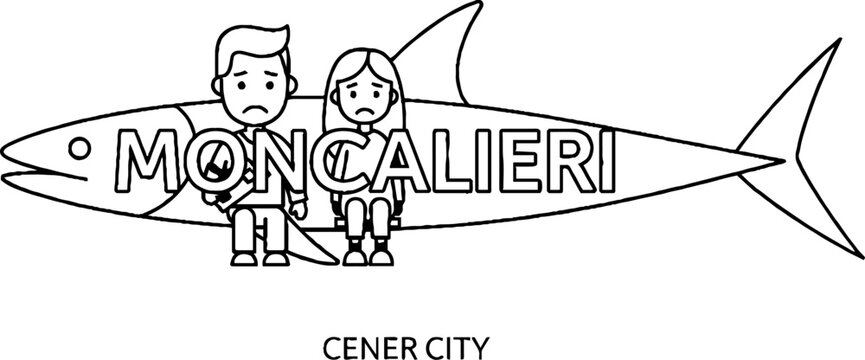 Surreal Moncalieri City Illustration with Sad Couple on Giant Fish