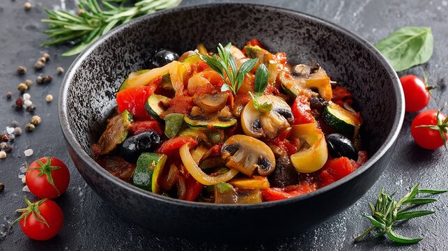 Delicious bowl of ratatouille with vegetables and herbs on dark background