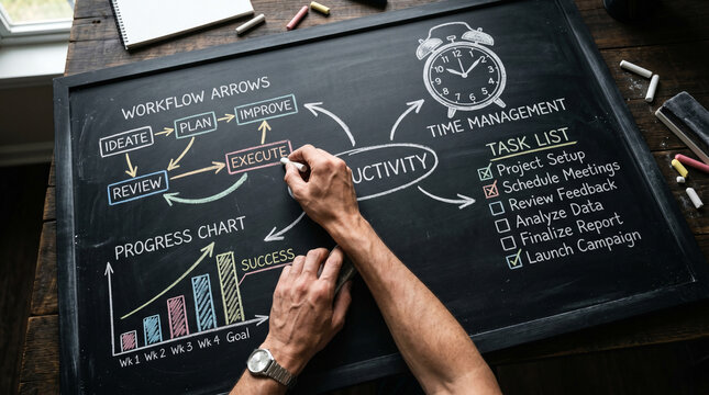 A person is writing a productivity workflow plan on a chalkboard