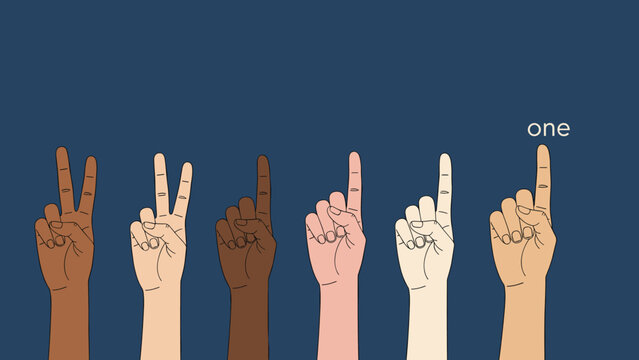 Multiethnic hands showing various finger gestures with the rightmost hand pointing one finger up labeled with text one.