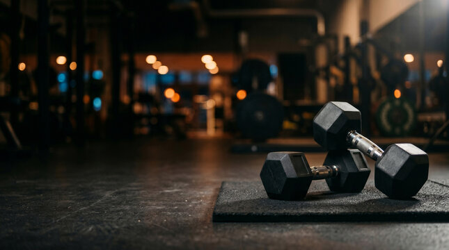 A pair of dumbbells placed on the floor in a dim gym environment. The setting evokes a sense of determination and discipline