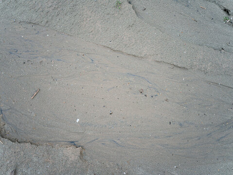 Close-up texture of wet grey sand and mud on outdoor riverbank