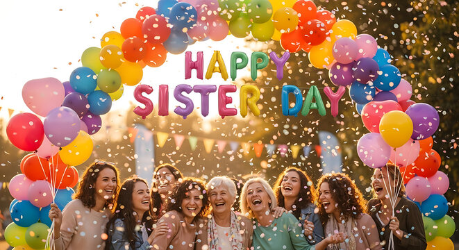 A group of women celebrating Sister Day with colorful balloons and confetti on transparent background