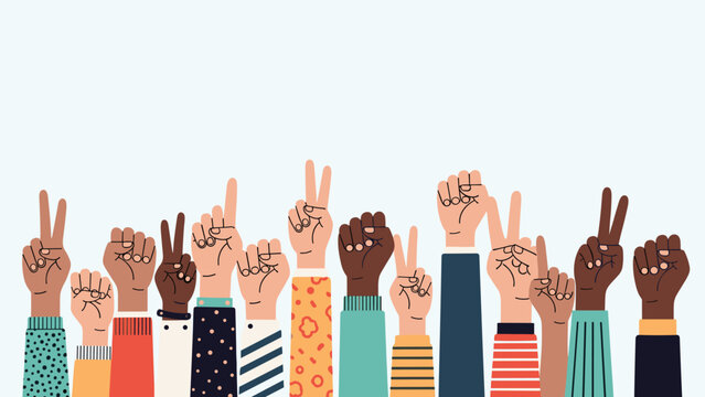 Diverse group of multi ethnic hands raised in the air showing various gestures like peace signs fists and points against a light blue background.
