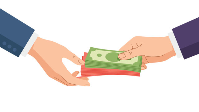 Two hands in formal suits exchanging a stack of red and green banknotes symbolizing a business transaction or payment on a white background.