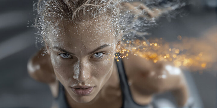 Determined female sprinter. Female athlete with intense focus. Closeup of determined sprinting woman