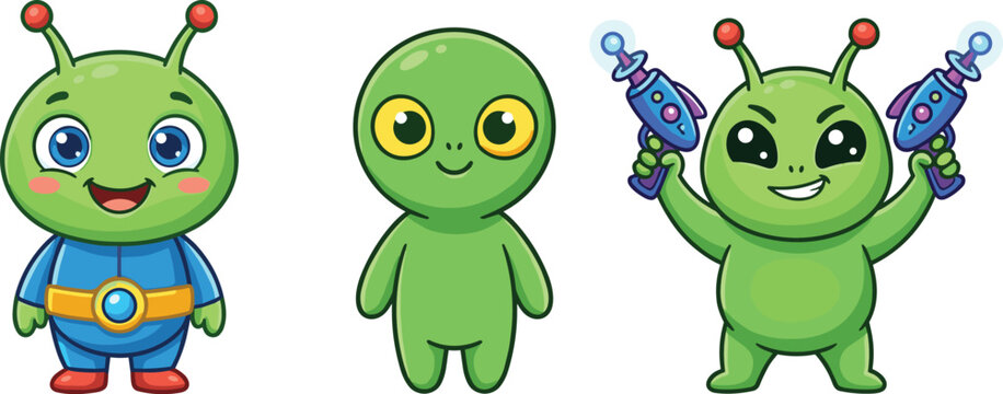 Cute Green Alien Mascot Characters Set Wearing Spacesuit and Holding Ray Guns for Science Fiction, Kids Gaming, and Outer Space Adventure Designs