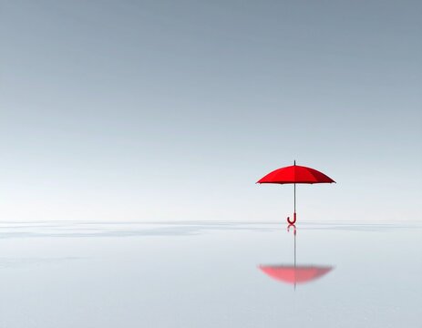 Minimalist landscape of a lonely red umbrella on a beach under a dramatic stormy sky with lightning. eitar janno adove stock er ajnno kama dia pashapashi keyword
