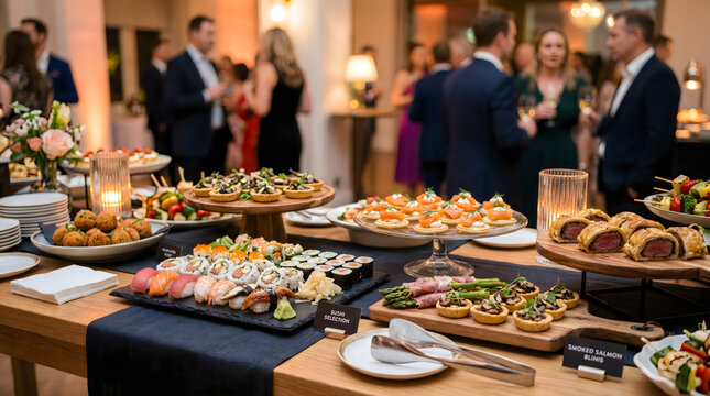 Food buffet with guests in background