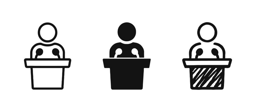 Public speaker icon set featuring a person at a podium in outline, solid, and sketchy styles