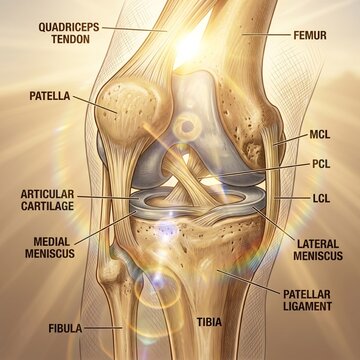 AI-generated detailed medical illustration of the human knee joint anatomy with labeled structures, including ligaments, cartilage, meniscus, femur, tibia, and patella. Ideal for educational, healthca