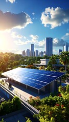 Fototapeta premium A sunny cityscape with solar panels on a rooftop surrounded by trees
