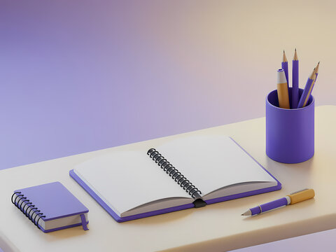 3D Render of Purple Office Stationery Set with Spiral Notebooks and Pen on Desk