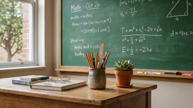 Classroom desk with chalkboard and school supplies