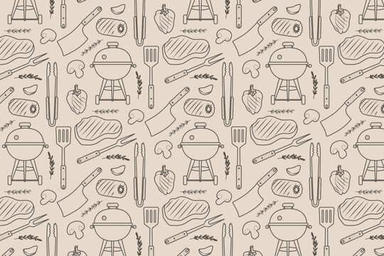 Vector illustration of a seamless pattern featuring barbecue grill and picnic elements. Linear design includes kettle grills, steaks, meat cleavers, tongs, spatulas, and vegetables. Professional flat 