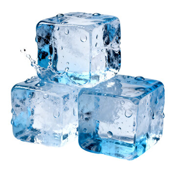 [Transparent Background PNG]Three Transparent Blue Ice Cubes with Water Splashes