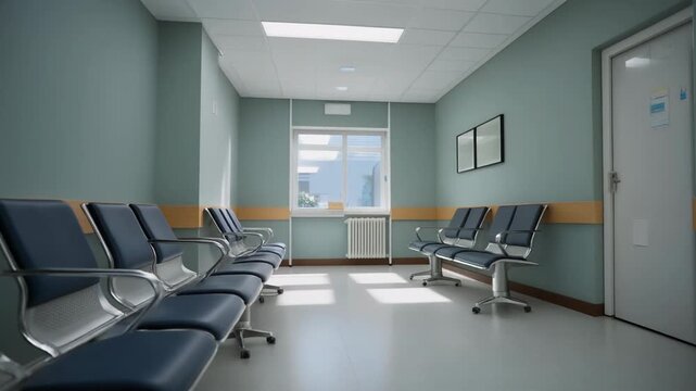 A waiting room interior with several blue chairs and a window