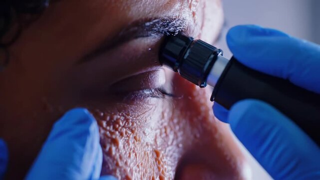 A close-up dermatological exam shows irritated skin with unusual fiber-like structures, as gloved hands hold a dermatoscope in a clinical setting