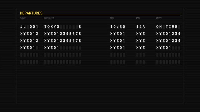 Digital airport departures board displaying flight information